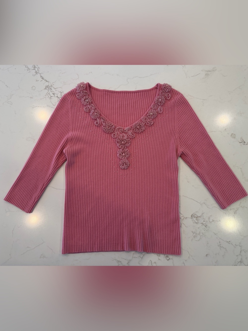 Women’s Ribbed Pink Floral Appliqué Sweater Top